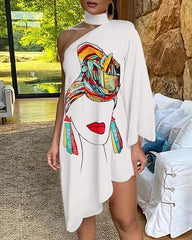 One Shoulder Figure Print Irregular Dress