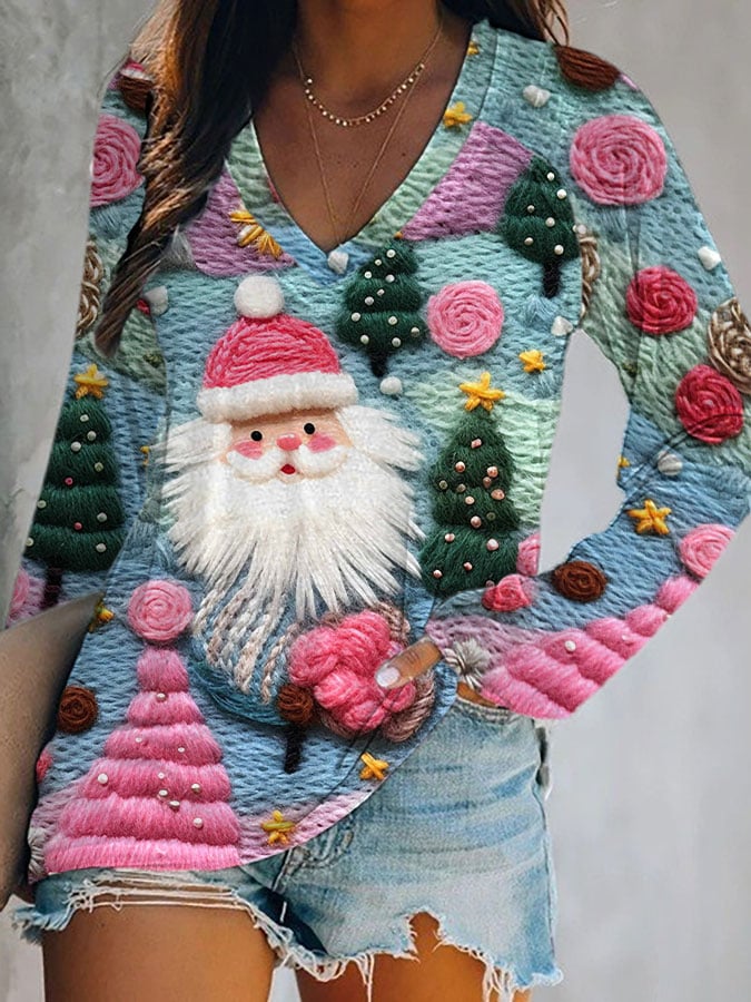 Women's Pink Santa Print V-Neck T-Shirt