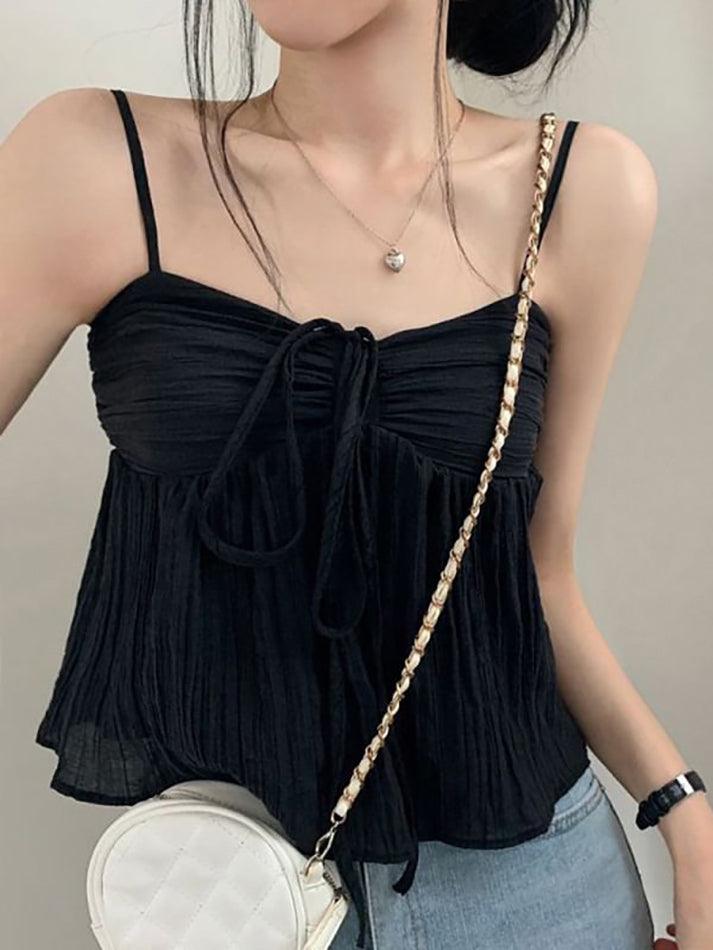 Tie-Front Ruched See-Through Mesh Crop Cami Top