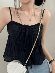 Tie-Front Ruched See-Through Mesh Crop Cami Top