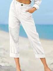 Solid Color Fashion Loose High Waist Casual Cotton Linen Trousers