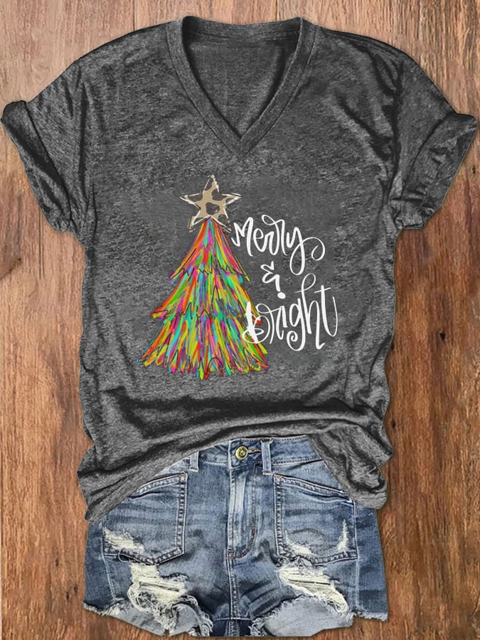 Christmas Tree Merry And Bright Print V-Neck T-Shirt