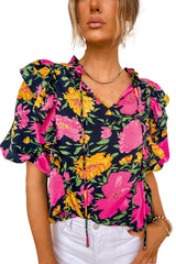 Floral Bubble Sleeve Ruffled Blouse