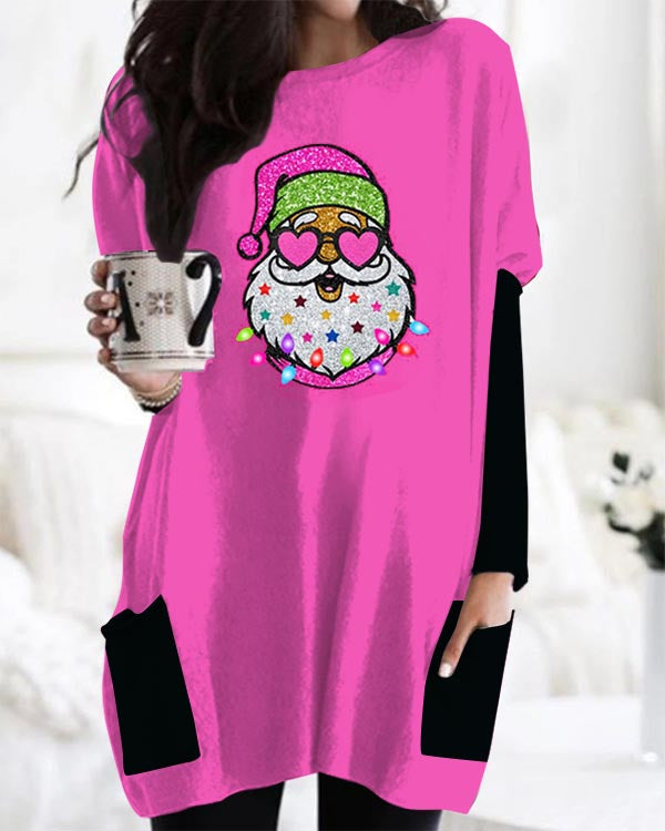 Pink Sparkly Santa Color Block Casual Midi Top