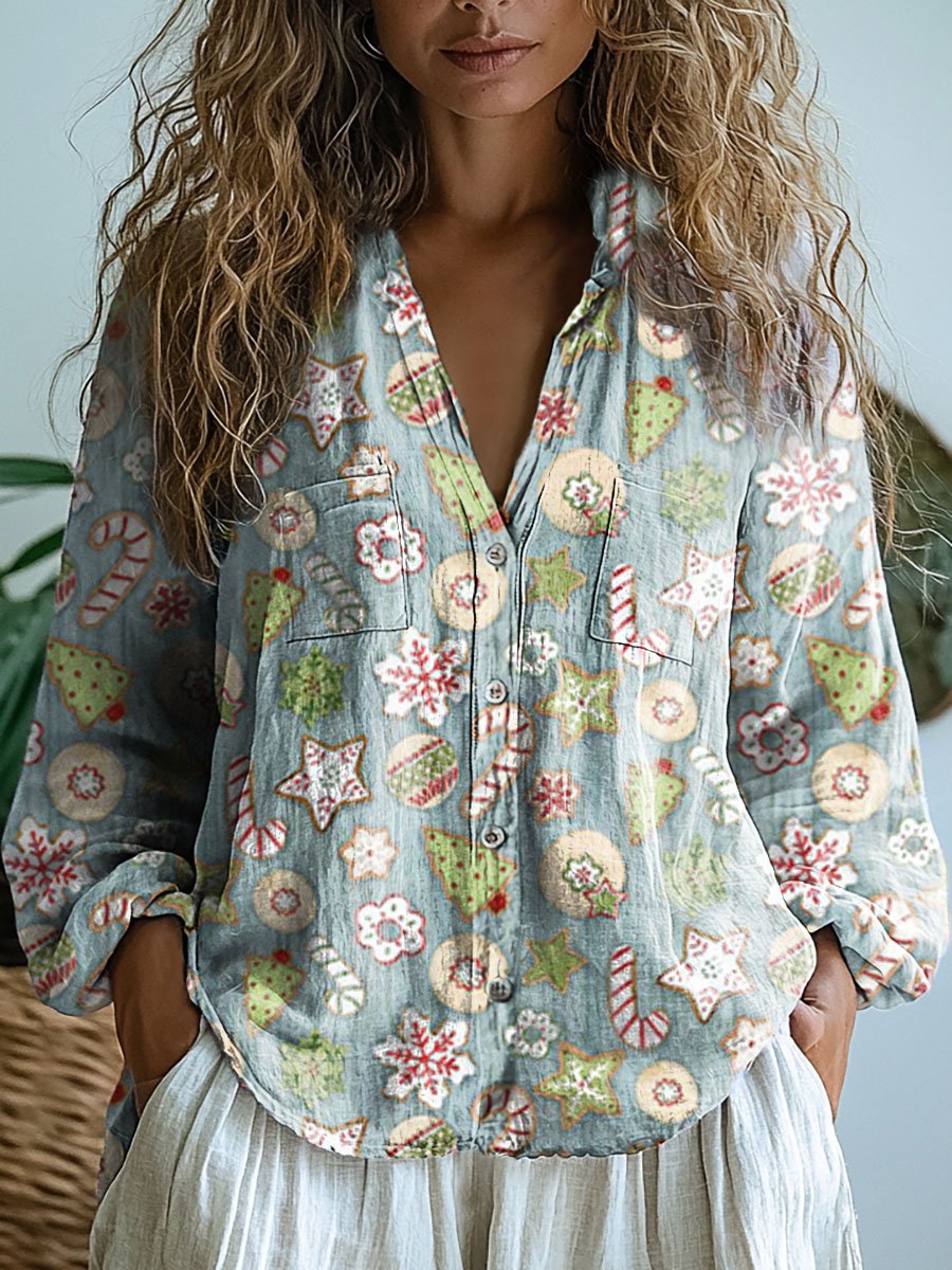Christmas Graphic Art Print Casual Long Sleeve Comfortable Cotton Shirt