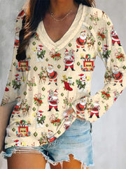 Vintage Christmas Santa Claus Print V-Neck Long Sleeve Top