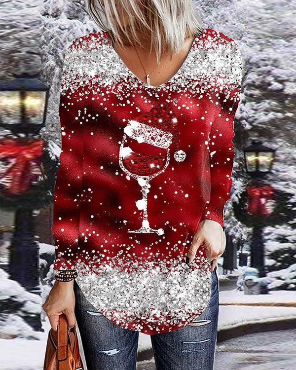 Christmas Wine Glass Print  Casual V-Neck  Top