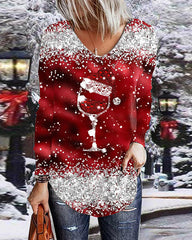 Christmas Wine Glass Print  Casual V-Neck  Top