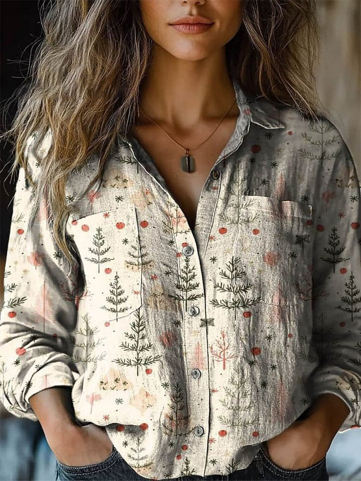 Lovely Christmas Tree Art Print Casual Long Sleeve Comfortable Cotton Shirt