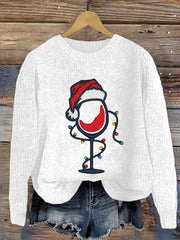 Christmas Wine Print Crew Neck Sweatshirt