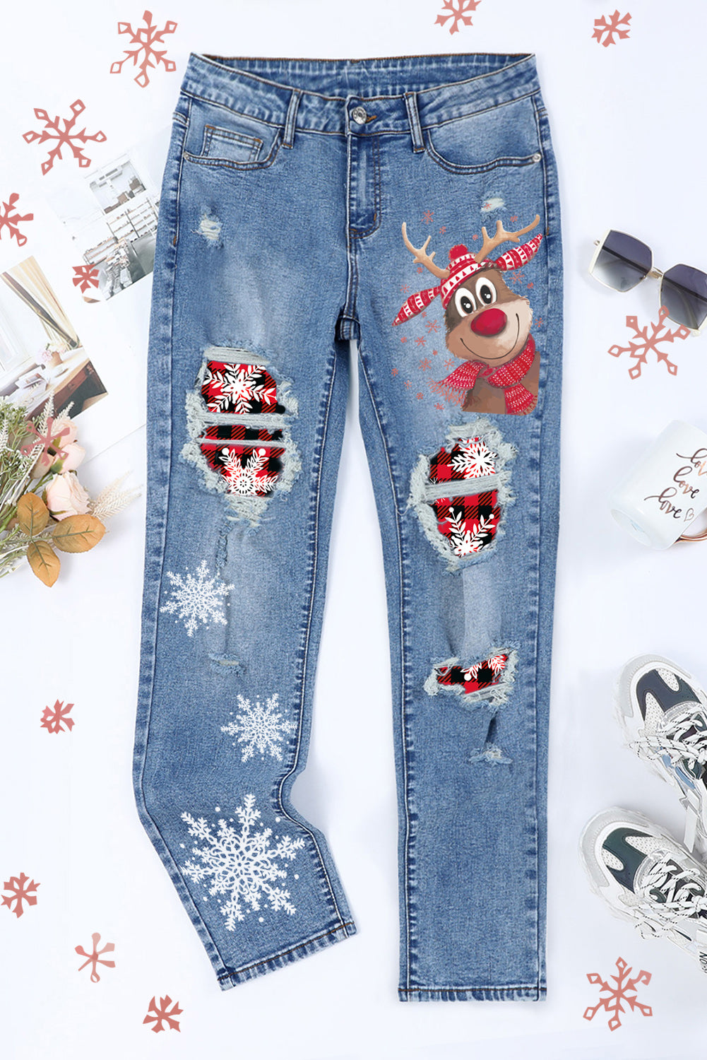 Cartoon Elk Snowflake Plaid Abstract Ripped Raw Hem Mid Waist Jeans