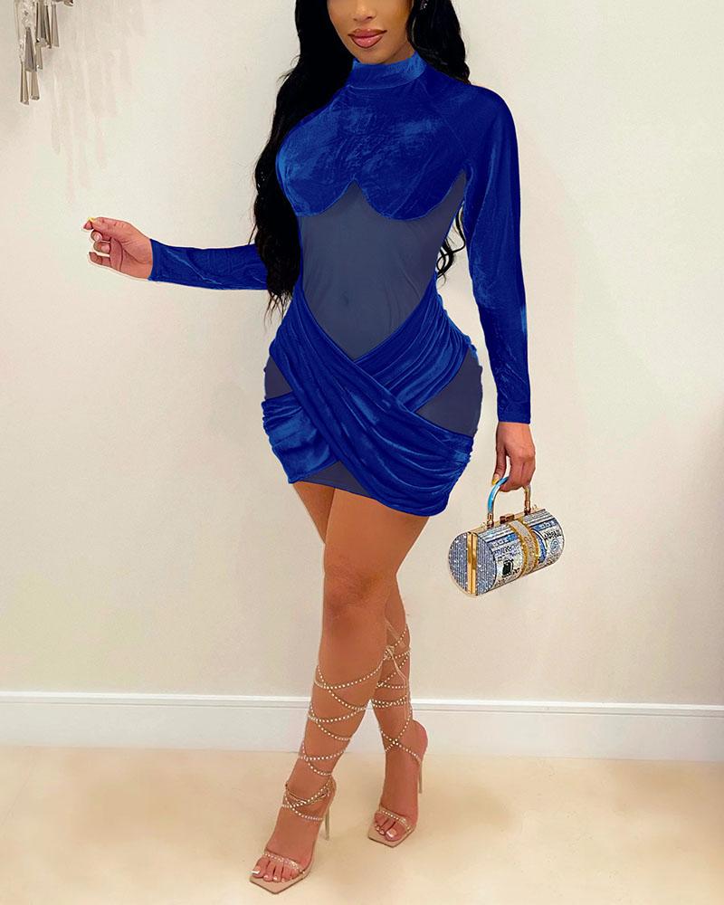 Solid Criss Cross Sheer Contrast Mesh Bodycon Mini Dress