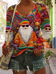 Multicolor Santa Claus Print V Neck Long Sleeve T-Shirt