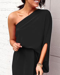 Solid One Shoulder Slit Dress