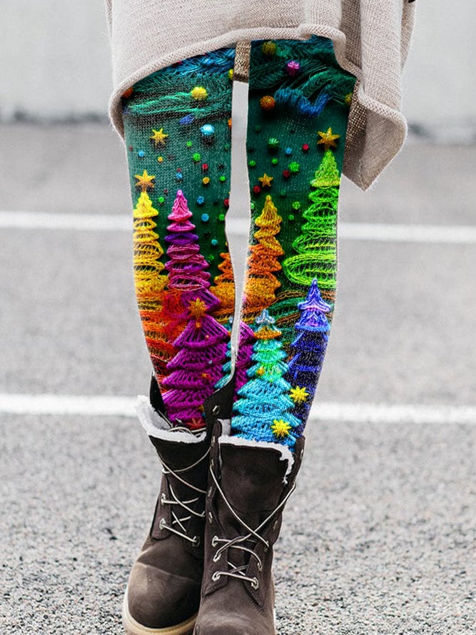 Christmas Colorful Christmas Tree Print Casual Leggings