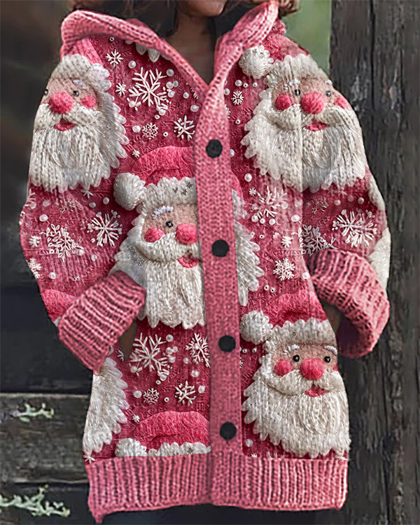 Christmas Pink Santa Claus Print Casual Hooded Cardigan