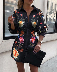 Floral Print Tight Waist Shirt Dress