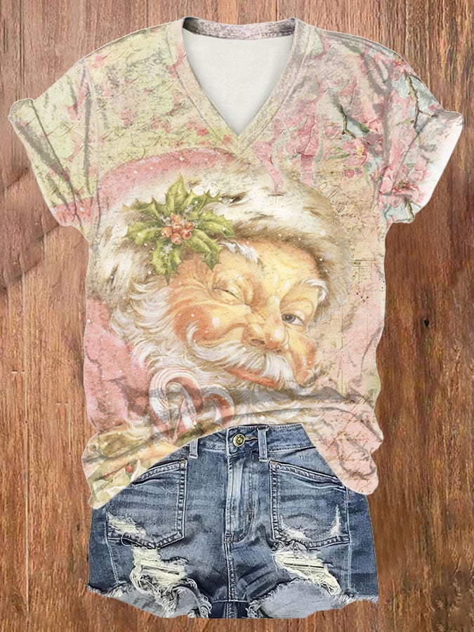 Pink Vintage Santa Claus Print Short Sleeve T-Shirt