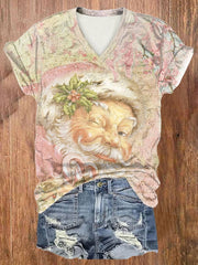 Pink Vintage Santa Claus Print Short Sleeve T-Shirt