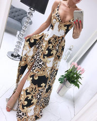 Spaghetti Strap Leopard Paisley Print High Slit Maxi Dress