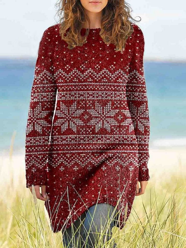 Crew Neck Christmas Graphic Print Casual Knit Sweater Dress