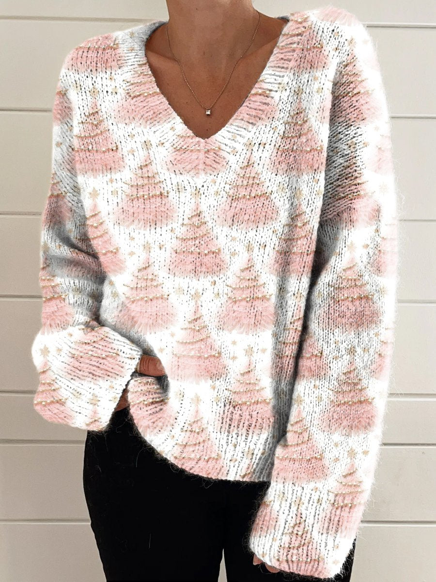 Pink Christmas Tree Print Casual V-neck Pullover Knit