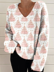 Pink Christmas Tree Print Casual V-neck Pullover Knit