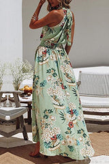 Fashion Round Neck Floral Print Green Dress