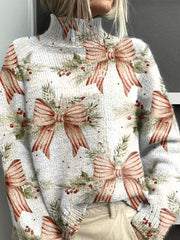 Christmas Bow Print Knit Turtleneck Pullover Sweater