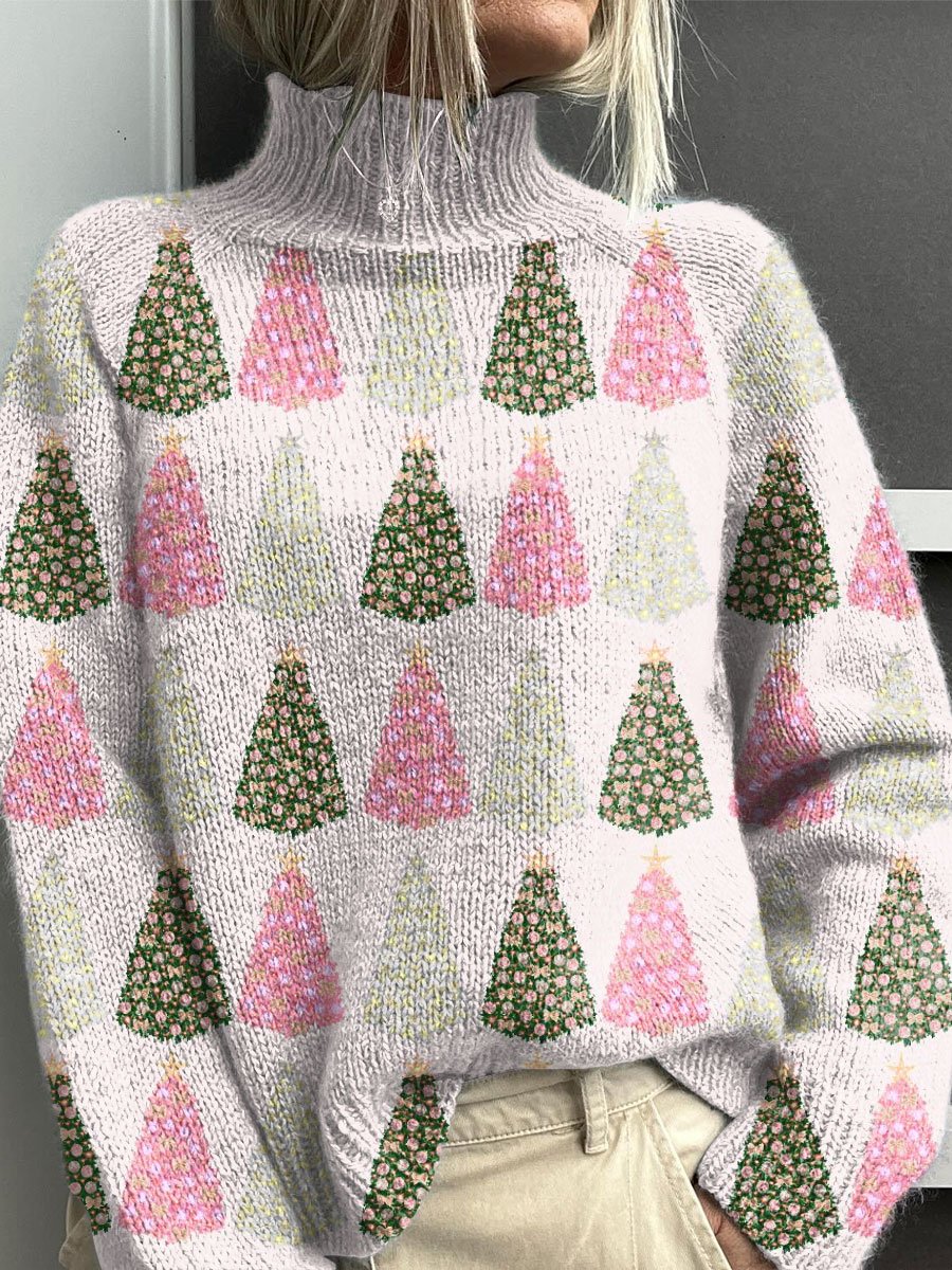 Pink Christmas Tree Christmas Print Knit Turtleneck Pullover Sweater