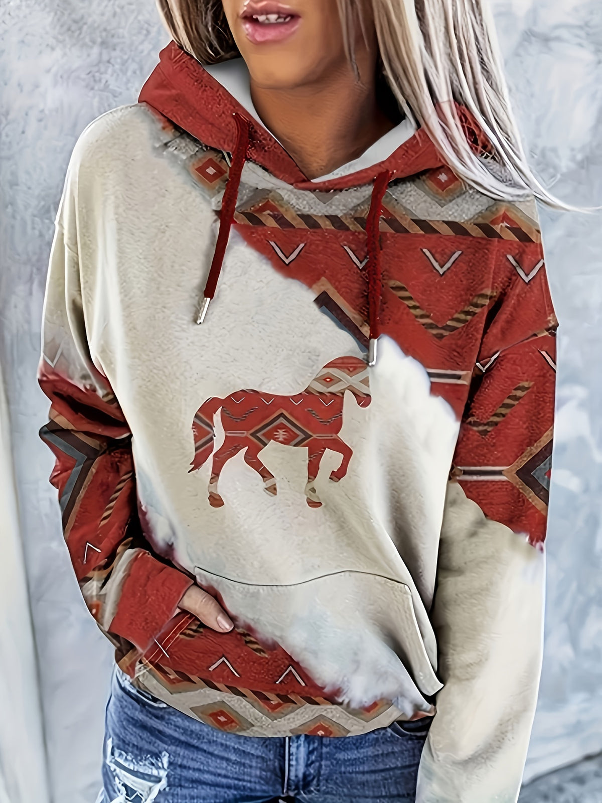 Geometric & Horse Print Drawstring Hoodie