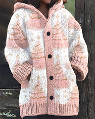 Pink Christmas Tree Embroidery Print Casual Hooded Cardigan