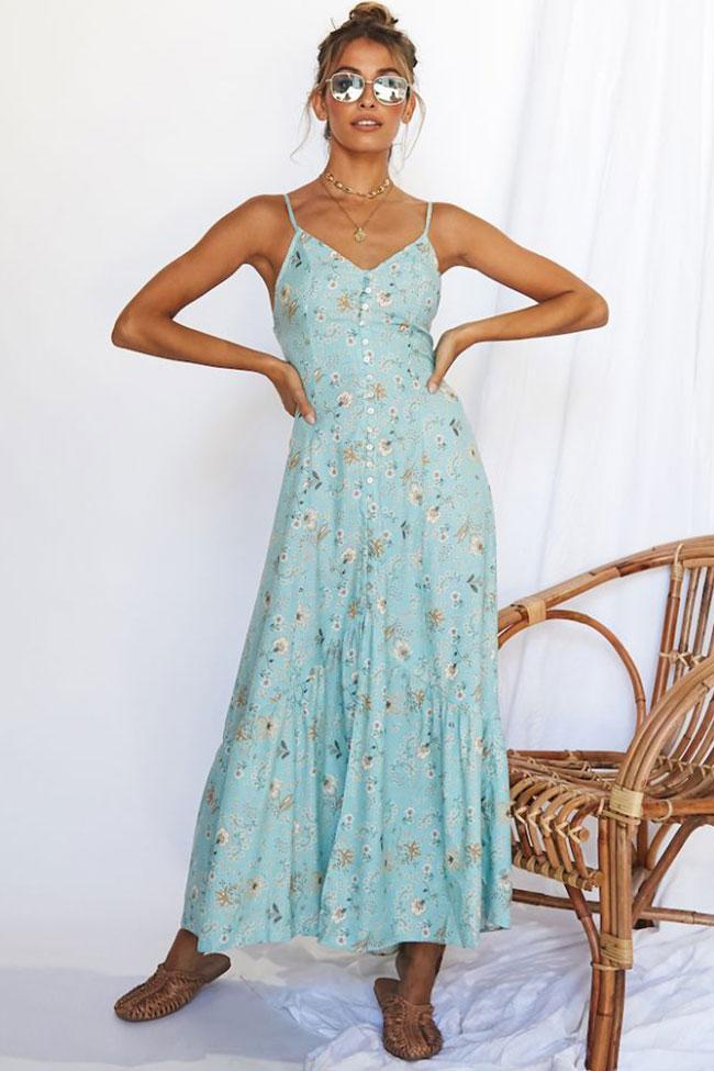 Mini Floral Button Down V Neck Beach Maxi Dress