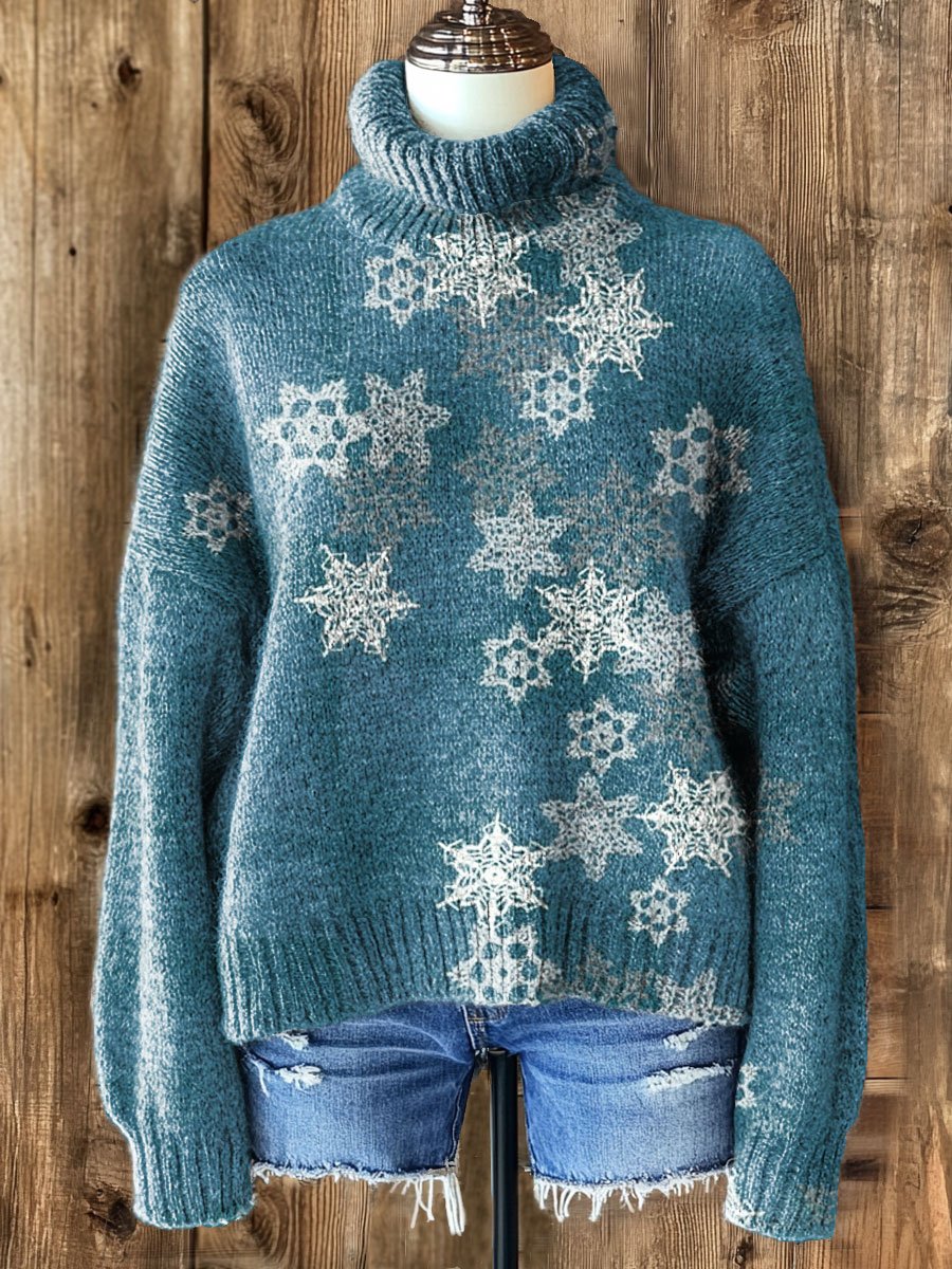 Snowflake Christmas Art Print Knit Turtleneck Pullover Sweater