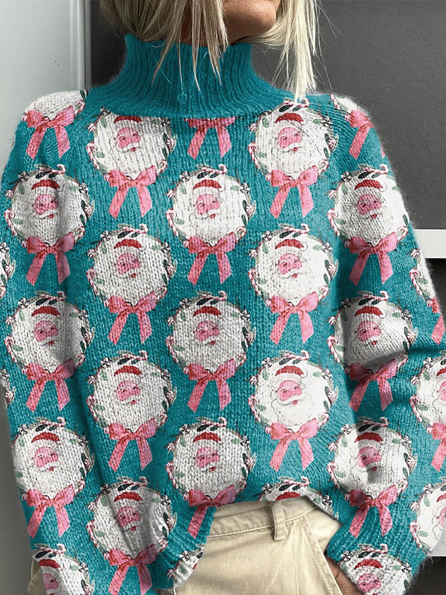 Velvet Trim Santa Christmas Art Print Knit Turtleneck Pullover Sweater