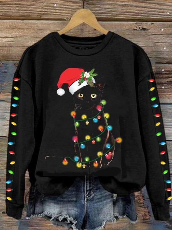 Casual Black Santa Cat Lights Christmas Print Long Sleeve Sweatshirt