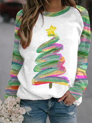 Oil Painting Christmas Tree Print Long Sleeve Top