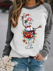 Snowman Wine Glass with Light Print Christmas Sweatshirt