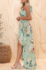 Fashion Round Neck Floral Print Green Dress