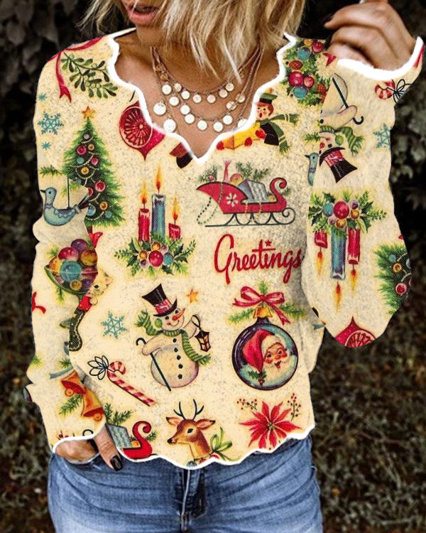 Retro Christmas Santa Claus Printed Loose Irregular Collar Top