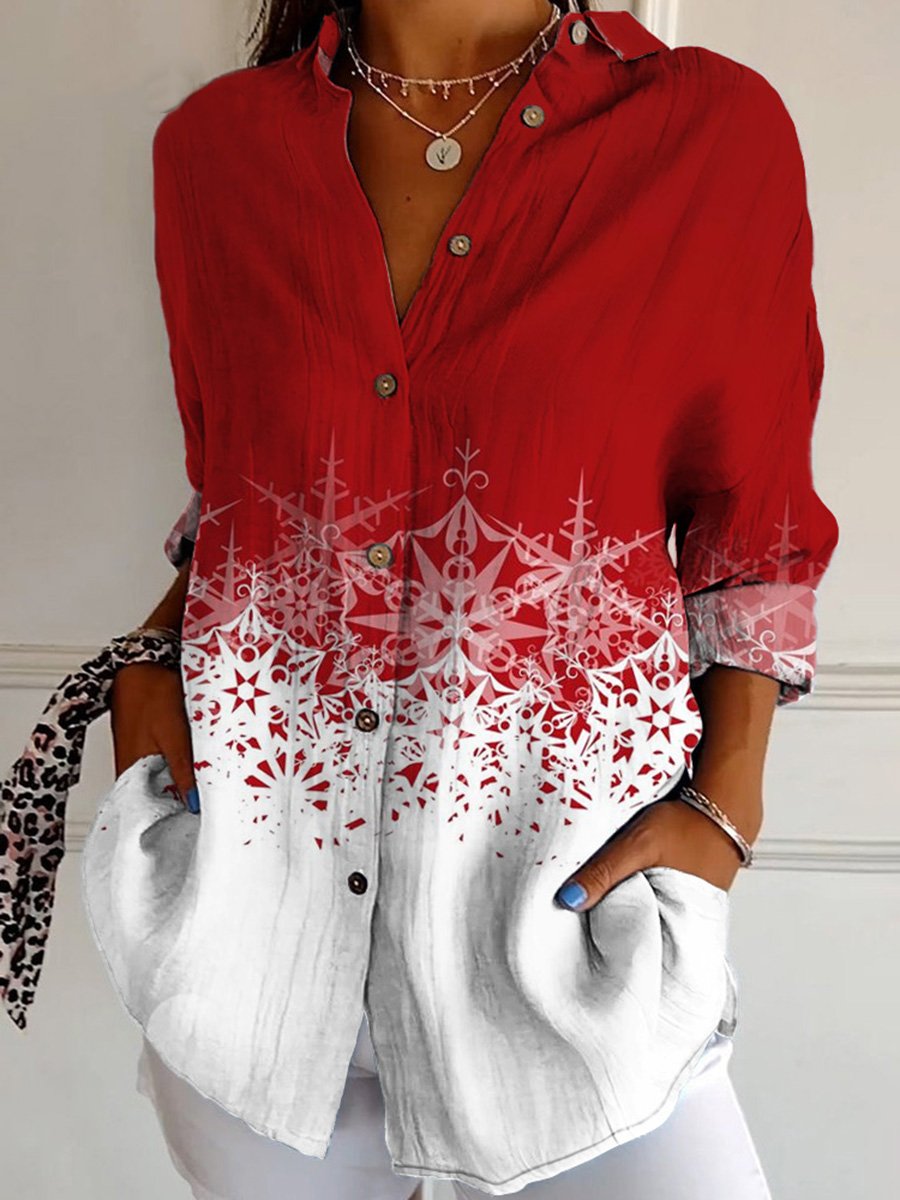 Christmas Gradient Snowflake Art  Print Casual Cotton Shirt