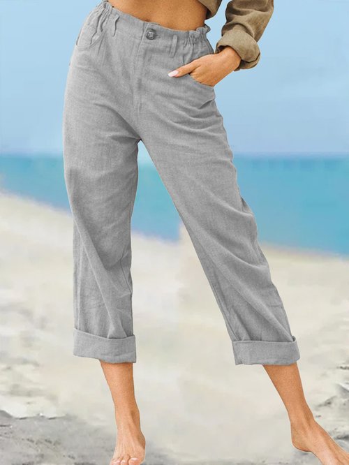 Solid Color Fashion Loose High Waist Casual Cotton Linen Trousers