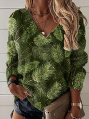 Vintage Christmas Leaves Print Knit V-neck Pullover Sweater