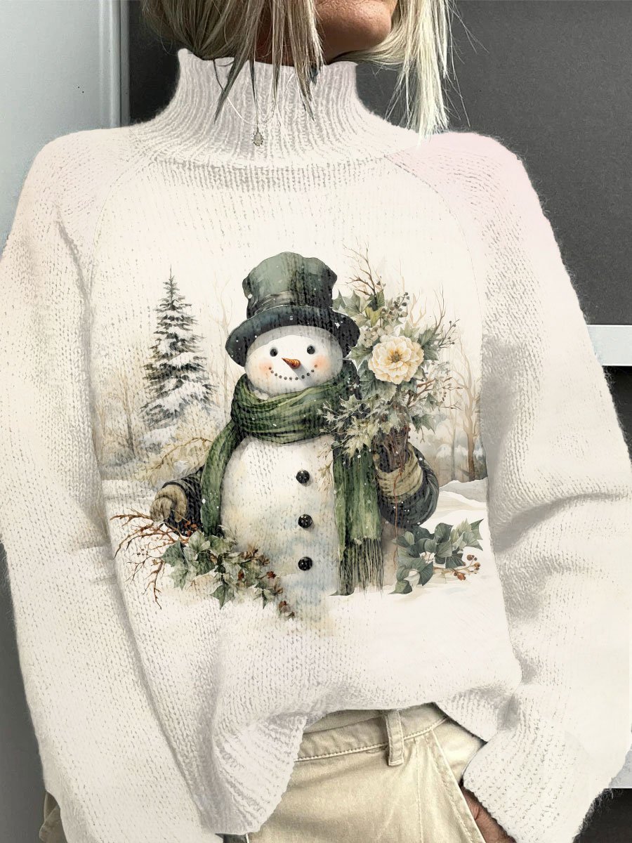 Christmas Vintage Snowman in Winter Scenery Casual Turtleneck Knit Top