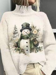 Christmas Vintage Snowman in Winter Scenery Casual Turtleneck Knit Top
