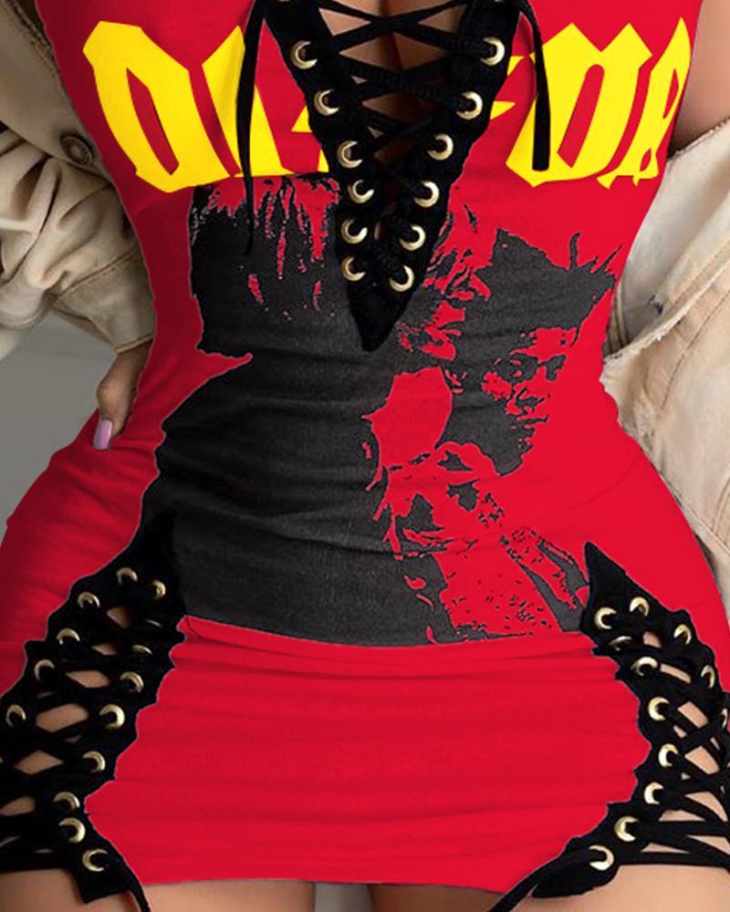 Eyelet Lace-up Letter Figure Print Dress