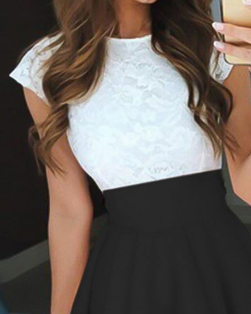 Colorblock Contrast Lace Ruffle Hem Mini Skater Dress