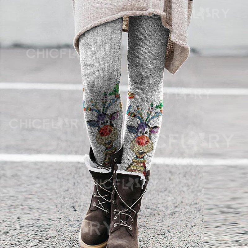 Color Reindeer Pattern Warm Cozy Knit Leggings