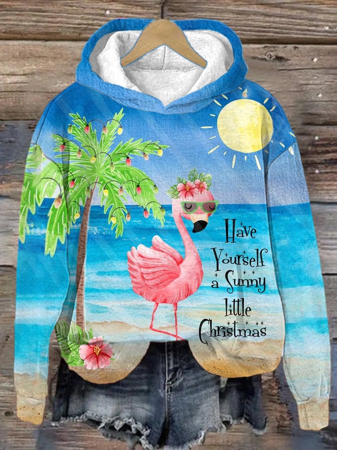Christmas Flamingo Print Casual Hoodie
