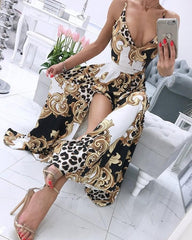 Spaghetti Strap Leopard Paisley Print High Slit Maxi Dress